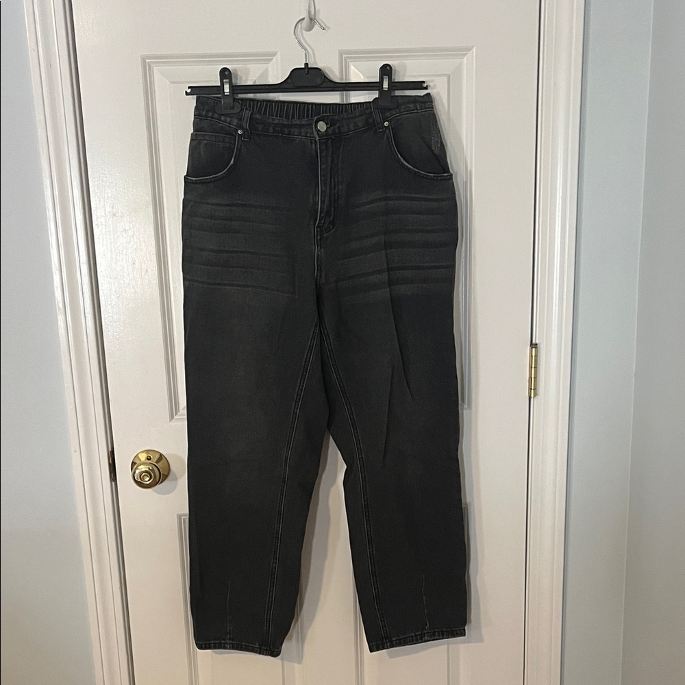 Straight Leg Black Jean, Elastic Back, Slight Distressing